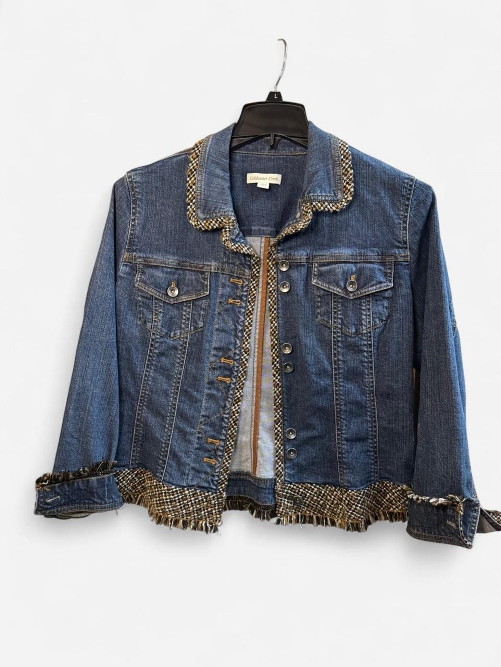 Coldwater Creek Dark Blue Denim Jacket with Tweed Fringe